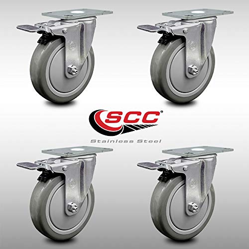 Stainless Steel Polyurethane Swivel Top Plate Caster Set of 4 w/5