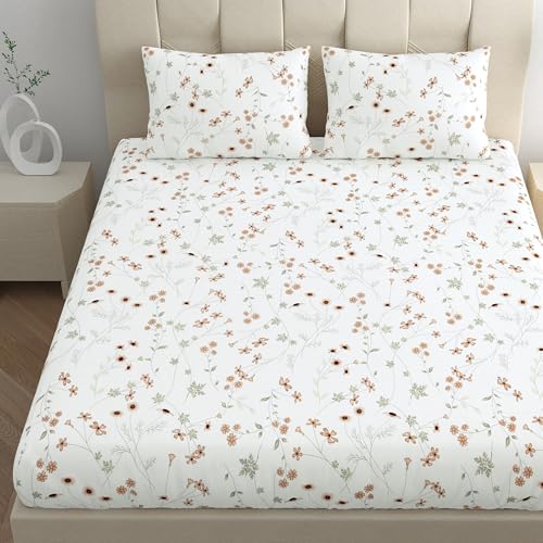 Image of LINENWALAS 100% Cotton Fitted Bed Sheet for Super King Size Bed, Printed All Around Elastic Bedsheet (78 x 78 Inches) with 2 Pillow Covers | 210 TC Soft, Breathable, Luxury Bedsheet (Crimson Flower)