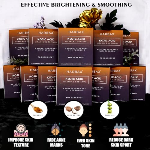 Image of Kojic Acid Soap (Pack of 12 (100 Grm)) for Hyperpigmentation - with Glutathione, Collagen & Vitamin C - Natural Soap Bars with Turmeric - Original Japanese Complex for Dark Spot Correction