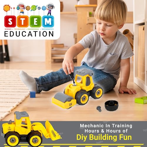 Image of Zest 4 Toyz Construction Truck Toy for Kids Set of 4 Take Apart Vehicles with Screwdriver DIY Building Playset Toy for 3 4 5 6 Years Old Boys Girls (Yellow)