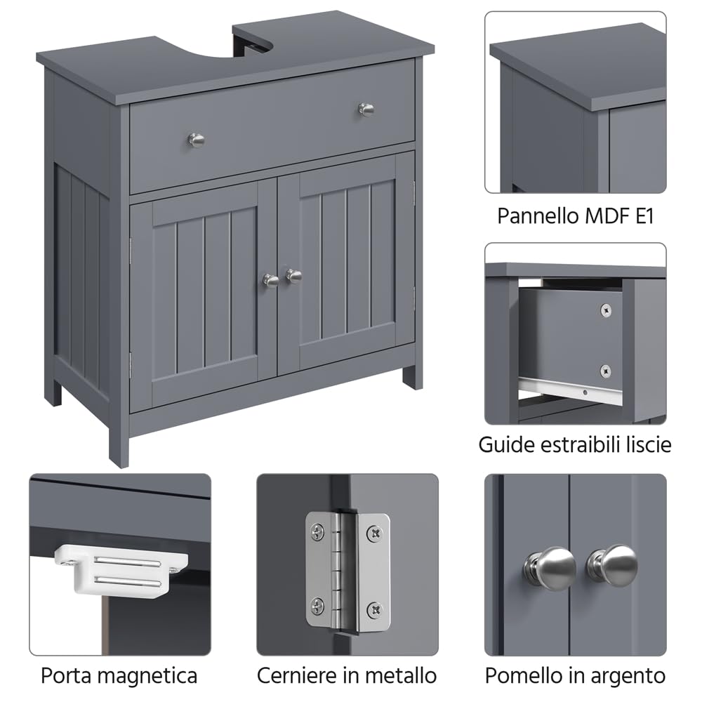 Yaheetech Mobile da Bagno Sottolavabo Mobiletto con Cassetto e Ripiano Portaoggetti Armadietto da Terra per Lavandino Salvaspazio Mobile da Archivio 60 × 30 × 60 cm (Grigio Scuro)
