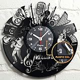 Vinyra Music Vinyl Record Wall Clock Vintage Microphone Musical Instrument Saxophone Violin Theme Jazz Notes Art Home Room Decor Musician Gift Set Idea for Music Lovers 12” LP Clock Black