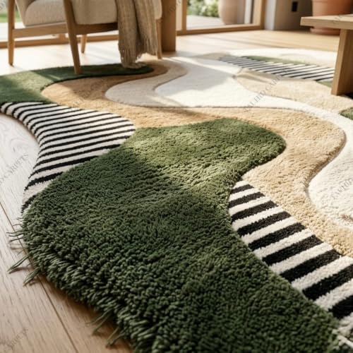 Image of Tauhid Carpet Super Soft Microfiber Shaggy Area Rug | Modern Irregular Abstract Olive Green Beige & Ivory Plush Carpet | Fluffy Floor Rug for Living Room, Bedroom 6 x 8 Feet.