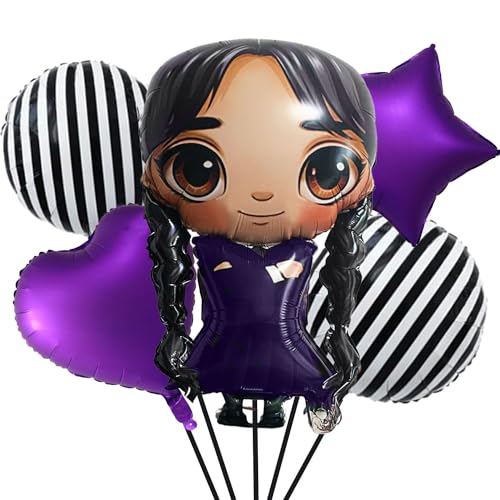 Image of 31 inch Gothic Cartoon Girl & Mixed Gothic Balloon Set: 5pcs Foil Balloons Black Striped, Star, and Heart Purple Balloons for Mysterious Character theme Party, Birthday, Halloween, and Costume Parties