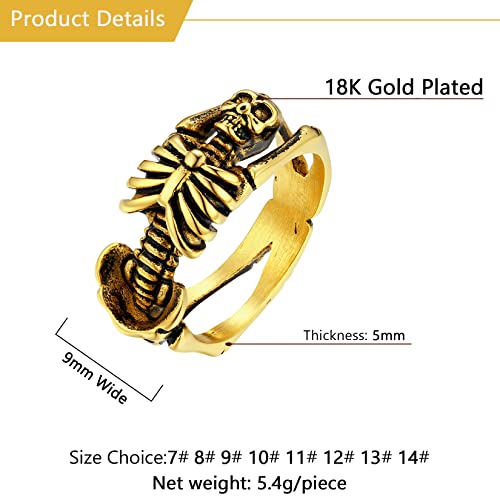 U7 Skull Ring, Skeleton Ring, Biker Ring for Cocktail Party, Gothic Fashion Rings with Skull, Size 7-14,Stainless/Black/Gold Color4