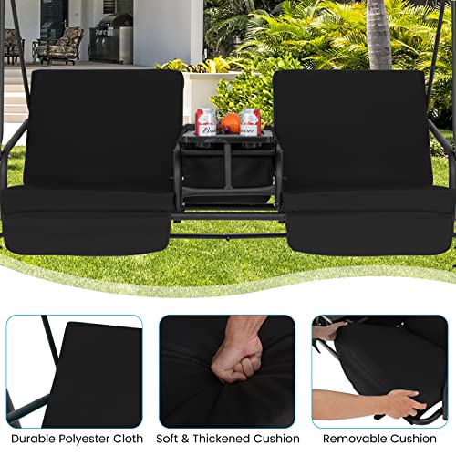 Image of Tangkula 2 Person Porch Swing, Outdoor Swing with Pivot Storage Table, Cooler Bag, 2 Cup Holders, Removable Cushions, Patio Swing with Canopy for Backyard Balcony Poolside (Black)