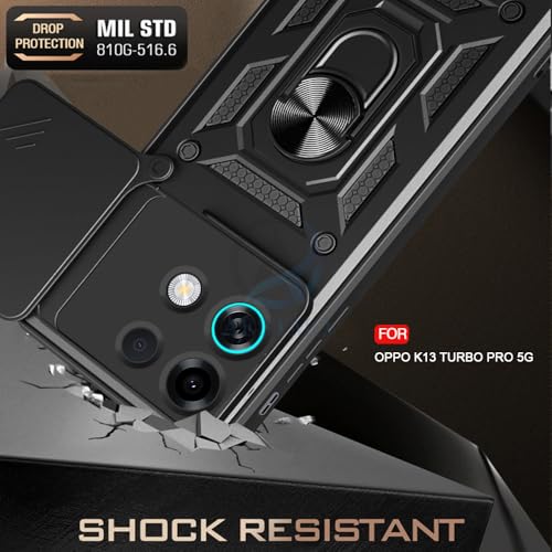 Image of AESTMO Tough Armor Compatible with Oppo K13 Turbo 5G / Oppo K13 Turbo Pro 5G Bumper Back Case Cover | Ring Holder & Sliding Camera Shield Cover | 360 Degree Protection Back Case Cover (Black)