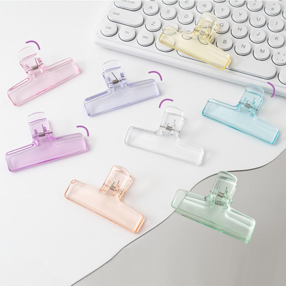 OWLFAVO Plastic Bag Clips, 16 Pcs Acrylic Paper Photo Food Clip Holder Wide Mouth Clamp Seal Clips Transparent Air Tight Sealing Clip for School, Office and Kitchen Storage, 8 Colors
