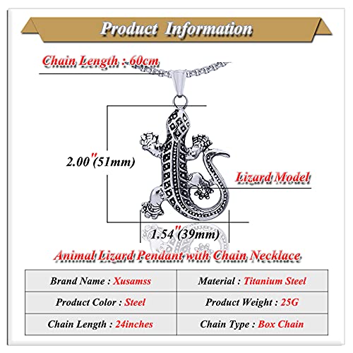 Xusamss Punk Rock Stainless Steel Animal Lizard Pendant Necklace,24" Link Chain2