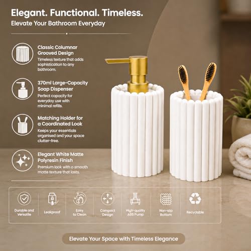 Image of MARKET 99 Bathroom Accessories Set of 2 | White Polyresin Liquid Soap Dispenser & Toothbrush Holder | Matte Bathroom Countertop Organizer | Modern Wash Basin & Vanity Accessory Set