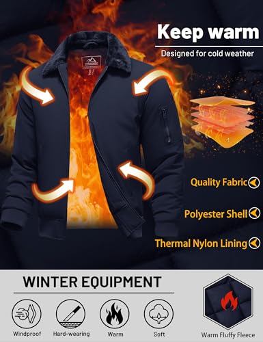 Image of TACVASEN Men's Fleece Jacket Full Zip Up Warm Bomber Jackets for Daily Wear | Winter thick jacket coat for men , fur collared bomber style with 4ple pockets for travel, outdoor walking