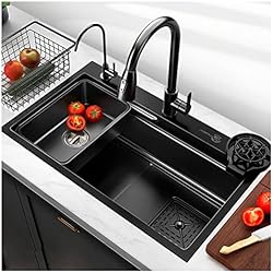 Casco Bajo Fregadero Fregadero De Cocina, Fregadero De Cascada Nano Raindance De Acero Inoxidable 304, Con Grifo Extraíble Fregaderos Grandes De Un Tazón, Con Grifo, Lavabo En Lavabo, Arandela De Vidrio, Tabla De Cortar (