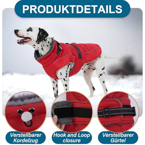 Katzinst Hundejacke Winter Schwarz L, Fleece Wintermantel Hunde mit Hohem Fleece-Kragen, Hundemantel mit Bauchschutz, Warmer Hundemantel Wasserbeständig für Dalmatiner, Cocker Spaniel, Rot, L