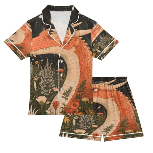 ALAZA Dragon Flower Moon Satin Pajamas Set Short Sleeve Button Down Sleepwear Summer Pjs 2 Piece