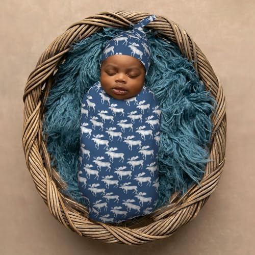 Image of Painting Mooses Newborn Swaddle Blankets Hat Sets Soft Baby Receiving Blanket Swaddle Sack for Baby Shower Infant Boy Girl Gift