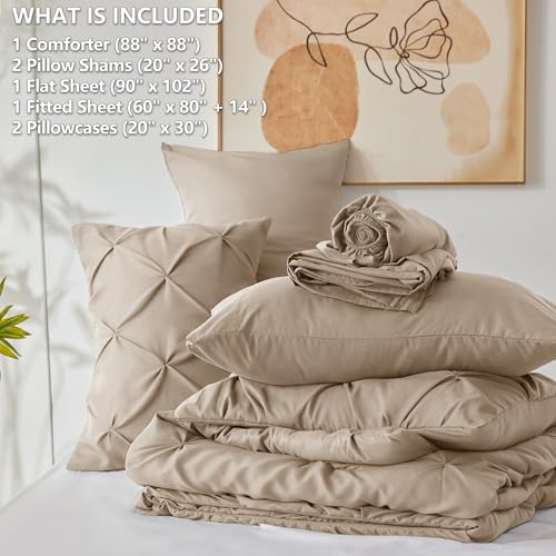 CozyLux Queen Comforter Set Khaki, 7 Pieces Pintuck Bed in A Bag, Premium Khaki Comforter Queen Size, Pinch Pleat Bedding Sets with Comforter, Sheets, Pillowcases & Shams