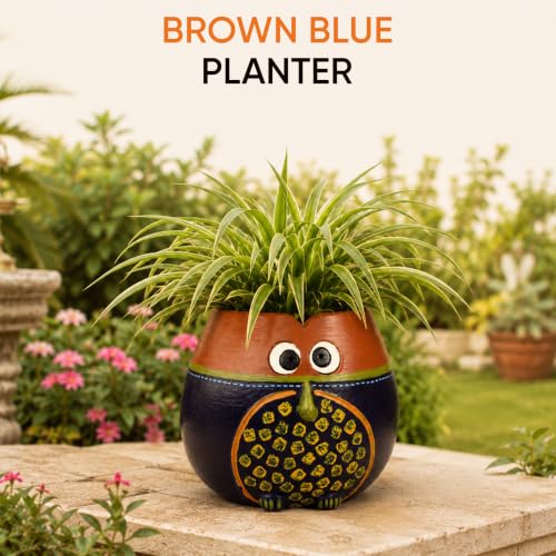 Image of AAKRITI ART CREATIONS Terracotta Planter Pot | Brown & Blue Earthen Design, Modern Art, Matte Finish | Decorative Plant Pot for Indoor & Outdoor Home Decor