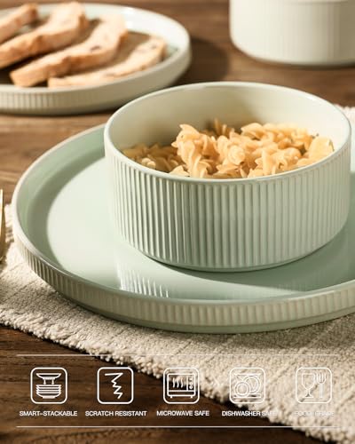Image of Famiware Ceramic Plates and Bowls Set, Dinnerware Sets, Ribbed Dishes for 4 | 12-Piece Stoneware Dishware, Lipped Edges, Chip & Scratch Resistant, Microwave & Dishwasher Safe, Everyday Use, Light Green