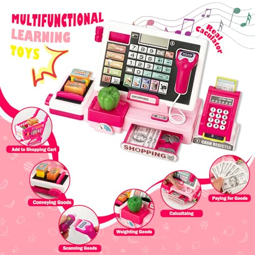 Image of Kids Cash Register Toy with Shopping Cart Toddler Pretend Play Store Cashier Register for Kids with Music / Real Calculator / Scanner Learning Toys for Girls Birthday Gift for 3-8 Year Old Girl