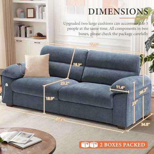 Image of Ihanherry 90.5 inch Modern Sofa 2-Seater Couch for Living Room, Chenille Pillow-Armrest with Extra Large Seat Width, USB /Type-C Charging Port & Side Pocket, Removable Medium Firm Cushion(Blue)
