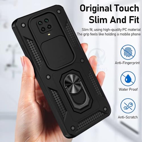 Image of AESTMO Tough Armor Compatible with Redmi Note 10 Lite /Note 9 Pro /Pro Max /Poco M2 Pro Bumper Back Case Cover | Ring Holder & Sliding Camera Shield Cover | 360 Degree Protection Back Case Cover (Black)