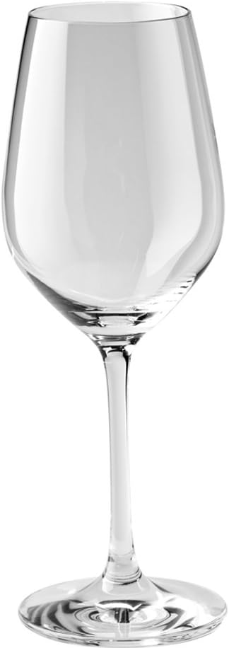 A set of four beautiful, modern, all-purpose crystal wine glasses on a countertop.