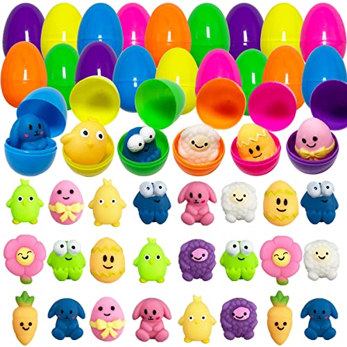 JoFAN 24 Pack Plastic Prefilled Easter Eggs with Easter Mochi Squishy Toys Inside for Kids Boys Girls Toddlers