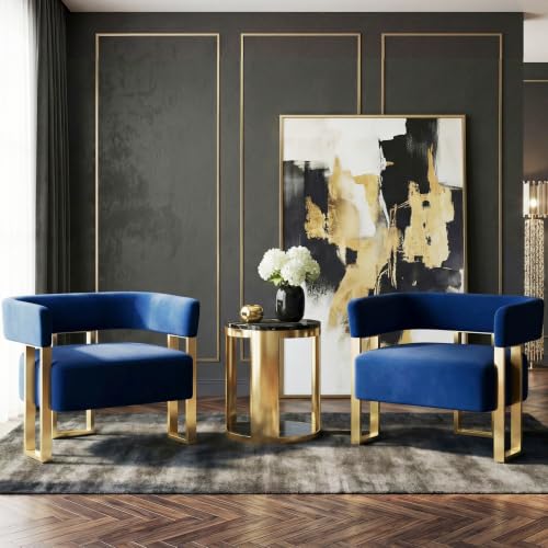 Image of Navy Blue Velvet Accent Chairs Set of 2, Barrel Armchairs Living Room | STHOUYN Bedroom Side Chairs, Velvet Upholstery, Curved Barrel Design, Padded Armrests, Wide Seats, Office Small Space Seating