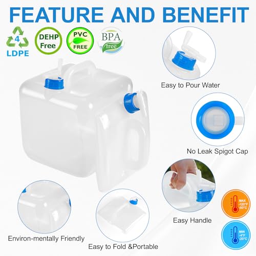 Pack de 2 Contenedores de Agua Plegables con Grifo, BPA Free, Seguro para Alimentos, Ideal para Camping y Excursiones, 10L/5.3 Galones miniatura 4