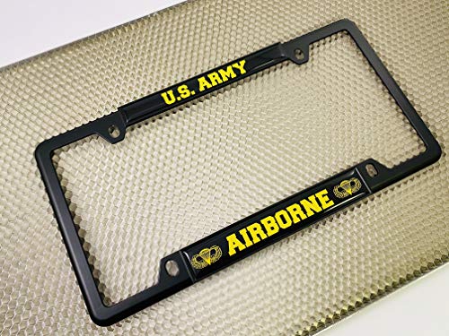 [Officially Licensed Product] - U.s. Army Airborne (Black & Yellow Text) - Domed Custom-Made Personalized Narrow (Thin) Top 4 Hole Metal Car License Plate Frame With Free Caps - Black (Qty: 1 Frame) #TOP2