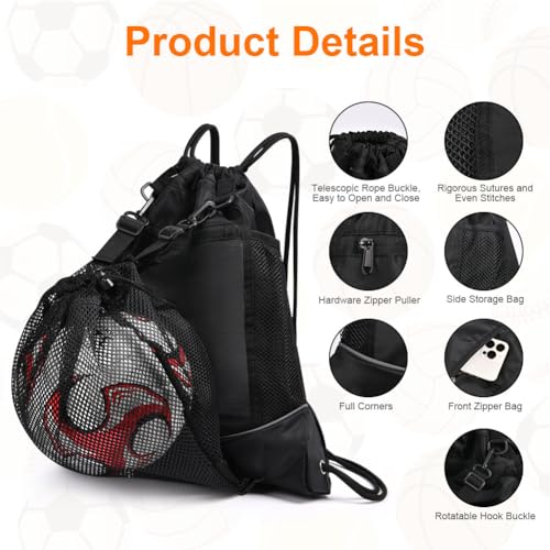 AMFUN Foldable Drawstring Sport Bag with Detachable Mesh Bag for Basketball Football, Volleyball Gym, Black - Image 3