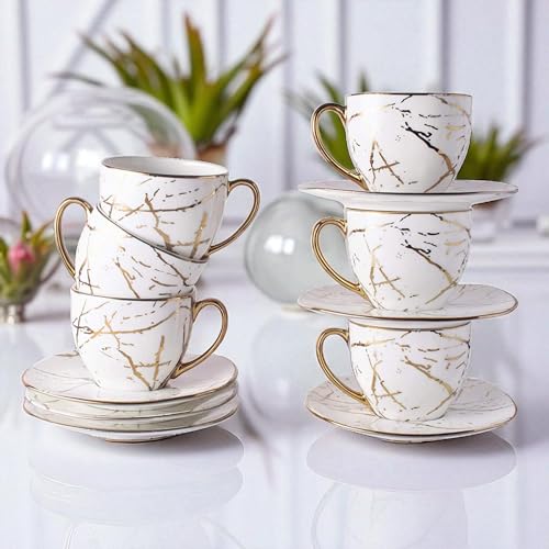 Image of Bone China Gold Line Diamond Cup with Saucer Set of 12 Pcs | Tea /Coffee Cups 200 ml | Microwave & Dishwasher Safe | Bone-Ash Free | Crockery Set Ideal for Daily Use & Gifting (White)
