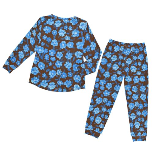 Floral Blue Pattern Print Soft Pajama Set for All Seasons,Breathable Pjs Long Sleeve Sleepwear,Comfy Loungewear 2 Piece Underwear Set 8T2