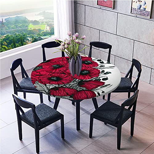 Rondes Imperméable Nappe avec Bord élastique, Treer Anti-Taches Lavable Entretien Facile Nappes Imprimé Fleur Plante 3D Nappe de Table pour Cuisine Picnic Party Jardin (Coquelicot,130cm)