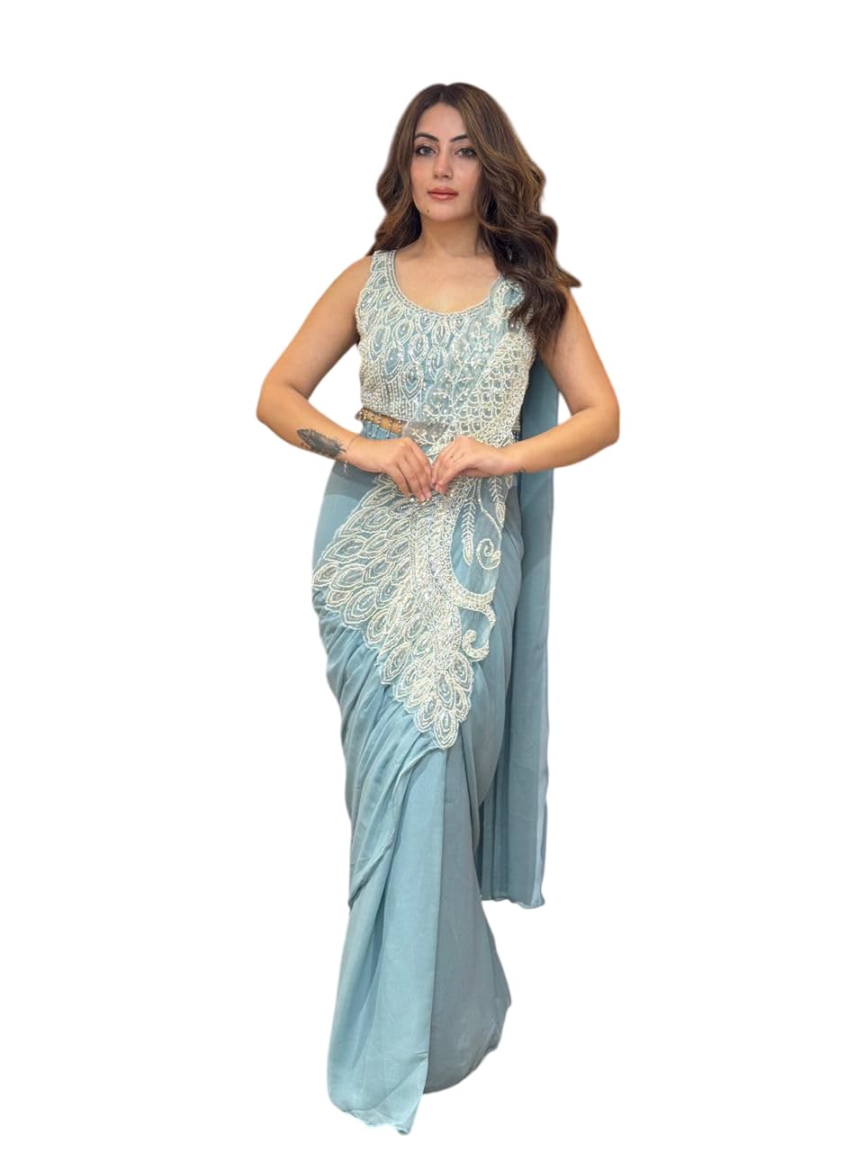 RAJ LAXMI Ready to Wear Drape Saree for Women with Heavy Beads Cut Dana Sequins Work, Rangoli Silk Designer Pre Stitched Saree with Fully Stitched Blouse Party Wedding Reception CocktailA (GREY)-image-40