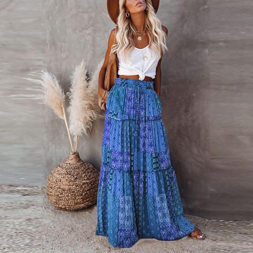 Lpmadey Women Bohemian Style Ruffle Long Skirts Chiffon Summer Beach Pleated Elastic High Waisted Maxi Skirts with Pockets2