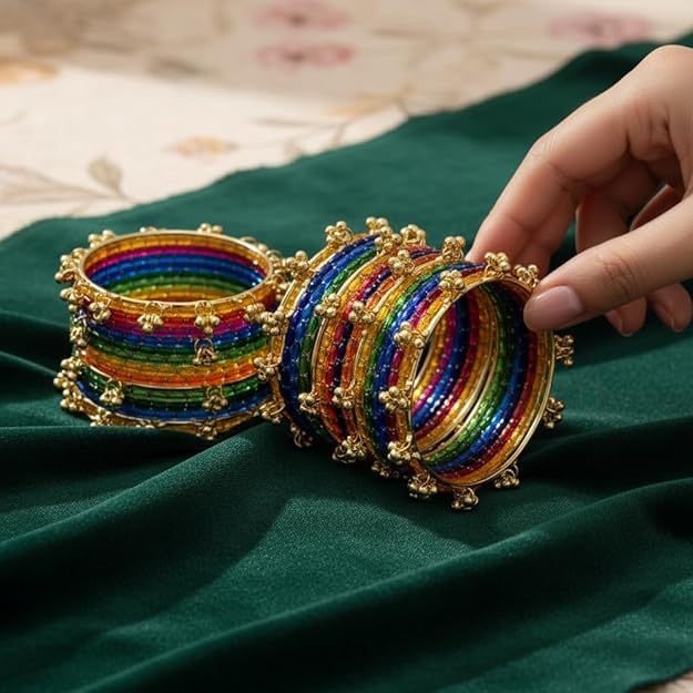 Image of Kashmiri Ghangharoo Glass Bangle Set for Women| Light Weight Bangles | Traditional Transparent Fancy Glass Chudi Set for Wedding, Party(Set Of 18)