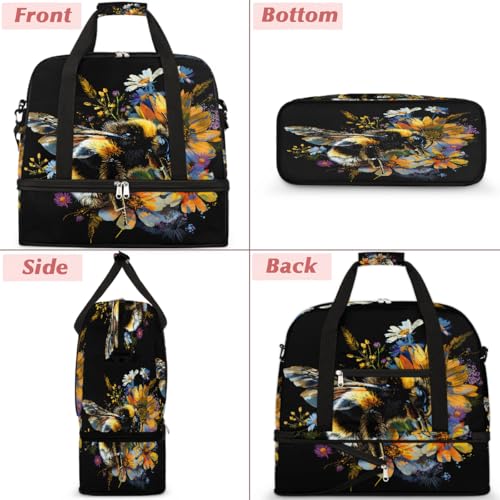 Flower Animal Bee Travel Duffle Bags With Shoes Compartment for Women Men Weekender Overnight Bag Foldable Sports Tote Gym Carry On Luggage Handlebag for Travel Yoga Hospital Workout3
