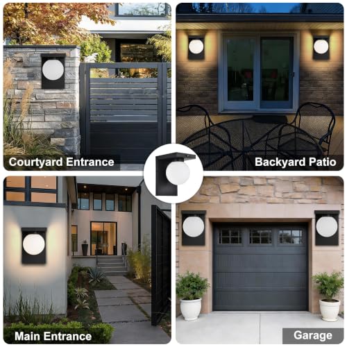 Image of Large LED Outdoor Wall Lights, Frosted Glass Globe Shade Outdoor Sconce, Black Exterior Light Fixtures with Dusk to Dawn Sensor, Waterproof 12W 3000K for Front Door, Garage, Patio, Porch, 1 Pack