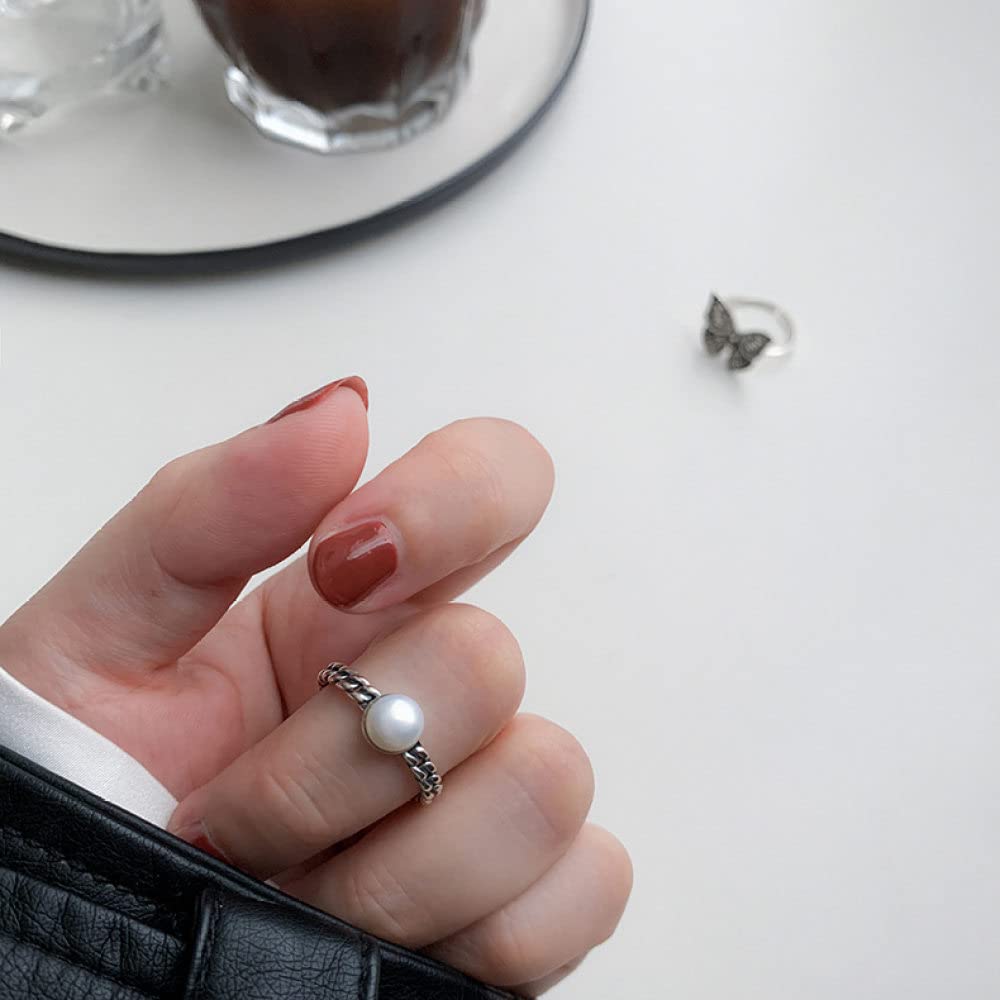 HGJH Verstellbarer Ring, S925 Sterling Silber Perlenring Verstellbare Ringe Retro Offener Ring Silber Daumenring Ewigkeitsring Hochzeitscharme Schmuck Geschenke Für Männer Mädchen Damen