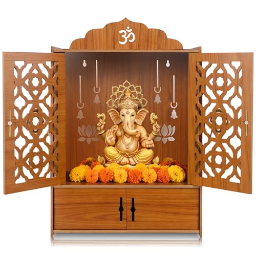 Image of GLUN Pack of 1 Wooden MDF Temple Mandir for Home & Shops, Size 21x16x10 Inch 1 Piece LED Light & Complete Wall Mount Kit with Door & Cabinet with Storage Space, Assembly Required, Pooja Mandir