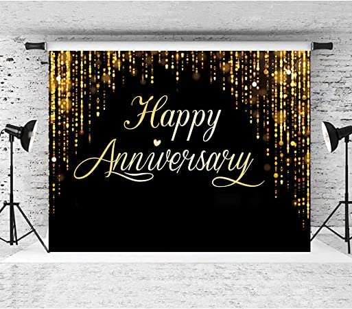 Image of Happy Anniversary Backdrop Party Decorations, Black Gold Glitter Bokeh Dots Wedding Anniversary Party Photo Background Cake Table Banner Extra Large Wall Decor Props 6 * 4ft Valentine's Day
