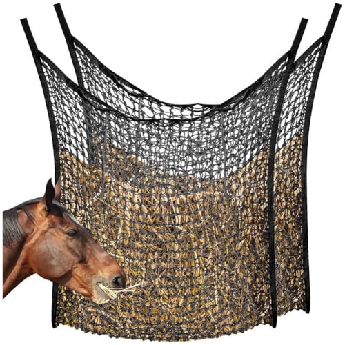 Fcuajdkq Red Heno Alimentación Lenta, Alimentador Heno, Bolsa Heno, Red Heno para Caballos, Bolsa Heno para Caballos, Suministros Alimentación para Caballos, 2 Piezas, Negro