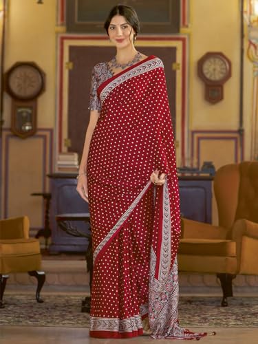 Image of SAREE MALL Women's Ajrkh Print Satin Crepe Polka Dot Printed Saree With Unstitched Blouse Piece