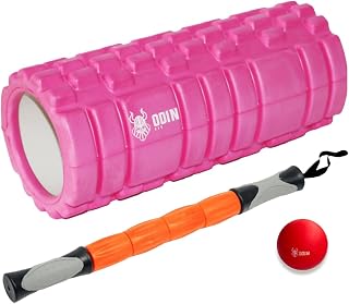 Kit Rolo de Massagem Rosa + Bastão para Liberação Miofascial + Bola de Massagem Lacrosse Odin Fit
