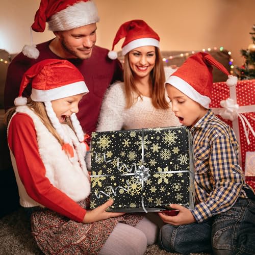 ALANGDUO 3 Rollen Geschenkpapier Weihnachten, 43 cm x 3 m Schwarz Gold Weihnachtsgeschenkpapier, Weihnachtspapier Geschenkpapierrolle mit Geschenkband Geschenkschleifen, für Weihnachten, Geburtstag