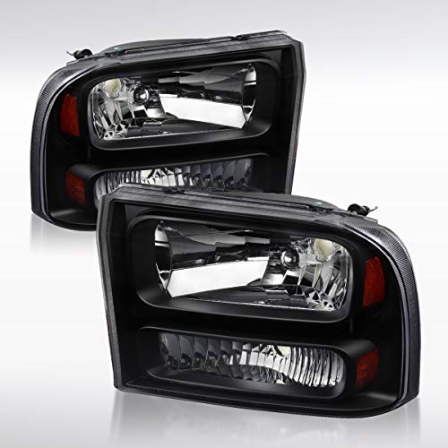 Autozensation Compatible with 1999-2004 Ford F250 F350 F450 F550 Superduty 2000-2004 Ford Excursion Black Clear Headlights L + R Pair Headlamp