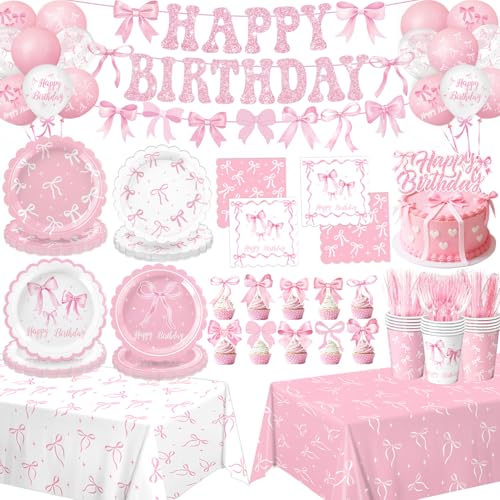 Pink Bow Birthday Decorations Include Plates Napkins Cups Cutlery Banner Hanging Swirls Cake & Cupcake Toppers Balloons Tablecloths for Coquette Birthday Decorations Serves 20