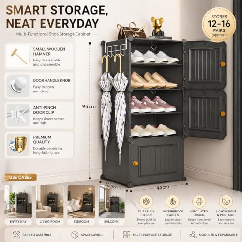 Image of Mevigo 6-Tier Shoe Rack with 3 Doors| Holds 12 Pairs |Waterproof & Dustproof Modular Plastic Shoe Cabinet| Foldable Stackable Shoe Organizer with Metal Frame |Space Saving Storage for Home,Entry Way