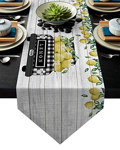 Best Deal Cheap 🛒 Meet 1998 Cotton Linen Table Runners Tablecovers for Kitchen Garden Truck Lemon Summer Farm Wedding Parties Dinner Indoor Outdoors Home Decorations 18x72 inches Wooden